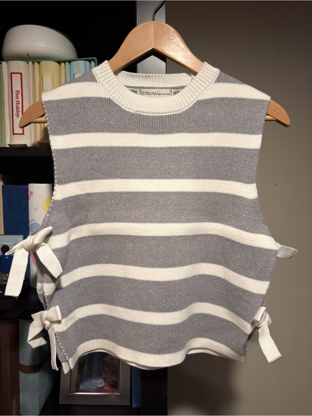 NWT Zenana Outfitters Gray & White Striped Tie-Side Knit Tank